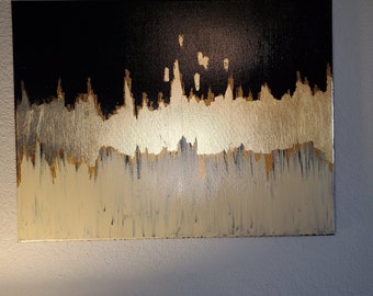 Black and gold abstract art with gold leaf