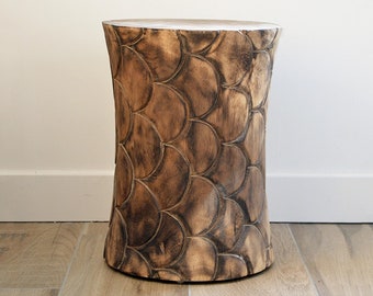 End table in exotic wood, extra seat, boho decor