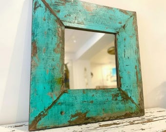 Turquoise boat wood mirror 60x60 cm, large mirror, reclaimed wood mirror, wall decoration mirror