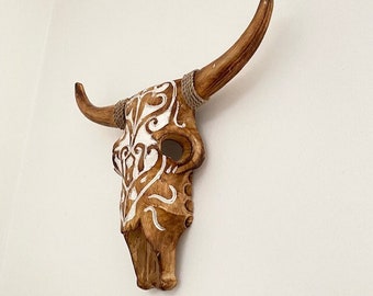 Small carved wooden buffalo head, wall decoration, ethnic decoration