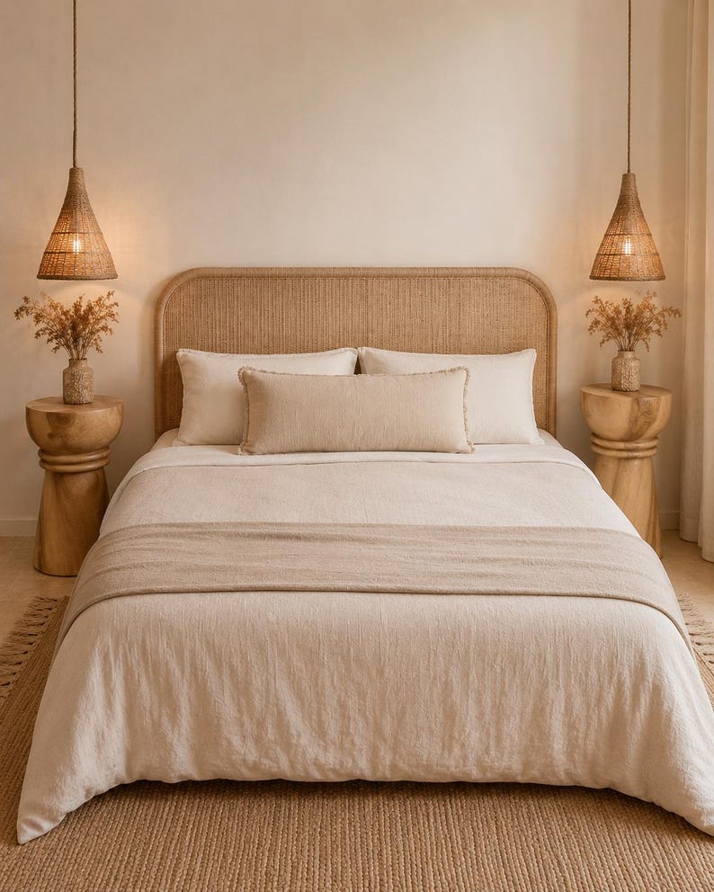 May include: A bed featuring a rounded rattan headboard, white bedding, a beige lumbar pillow, and a matching bed runner. Two wooden side tables hold vases with dried flowers, flanked by two hanging cone-shaped woven pendant lights.