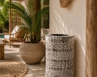 Whitewashed carved palm trunk pot, H50x20 cm