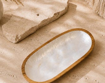 Large rectangular teak & mother-of-pearl bowl