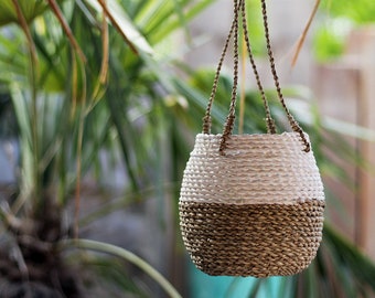 May include: A hanging planter basket featuring a two-tone design with a natural brown woven seagrass base and a painted white upper section. The basket is suspended by three braided brown rope cords attached to the rim, creating a secure structure.