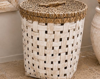 Large laundry basket made of bleached bamboo and rope with lid