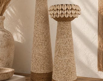 Wooden candlestick with beads, rope and seashells