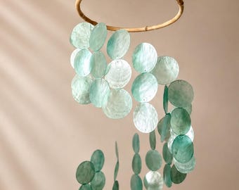 Mother-of-pearl wind chime in aqua green, mobile wall decoration