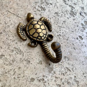 Op de afbeelding: Een bronzen metalen wandhaak in de vorm van een zeeschildpad. De haak heeft een gedetailleerd schildontwerp en een gebogen haak om items op te hangen. Het is gemonteerd op een getextureerd, lichtgekleurd oppervlak.