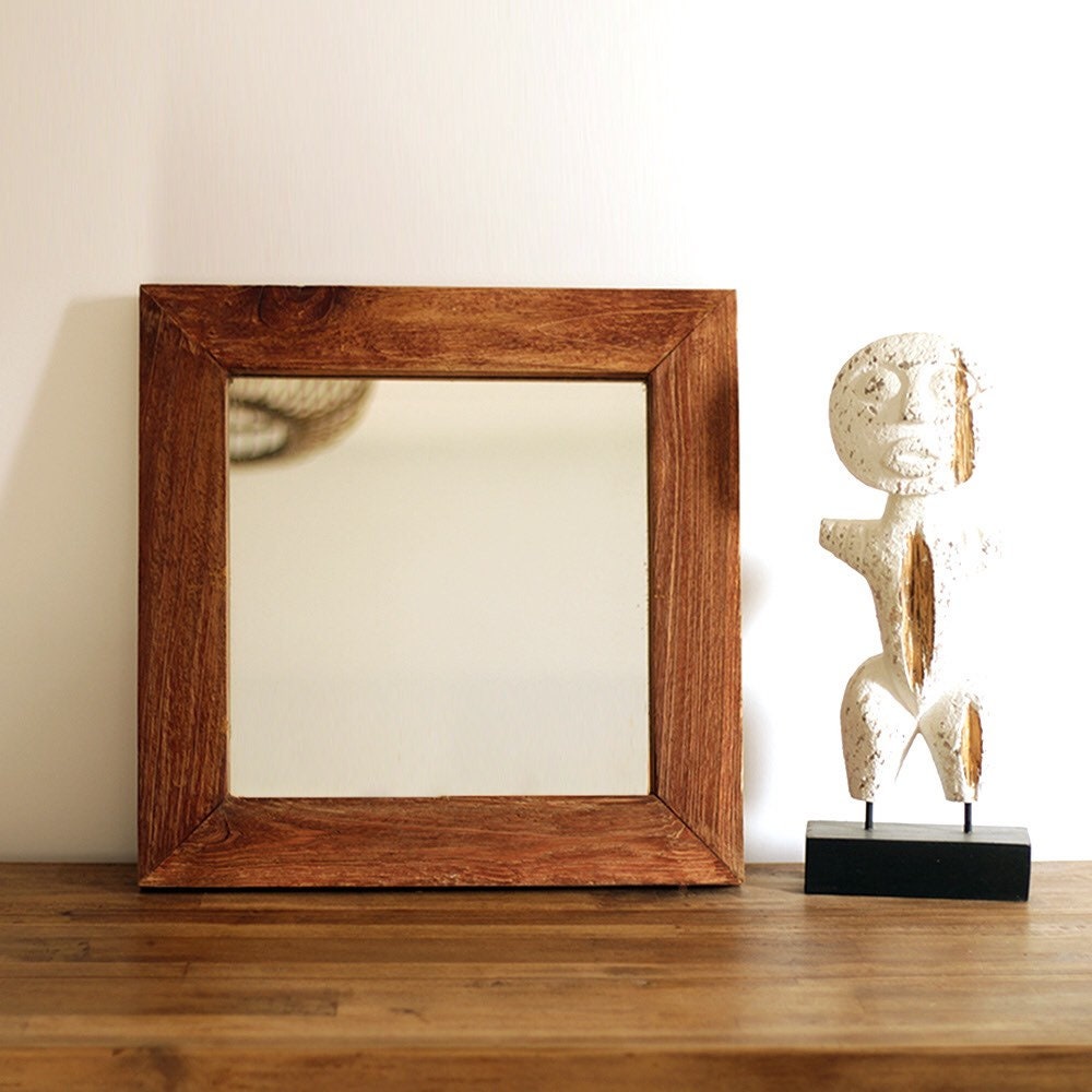 Miroir Teck 40x40 cm, Petit Miroir, Miroir Bois, Déco Murale Miroir