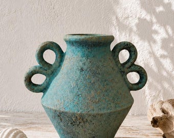 Turquoise decorative vase with handles