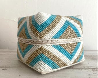 Decorative beige, white & blue box made of bamboo and beads
