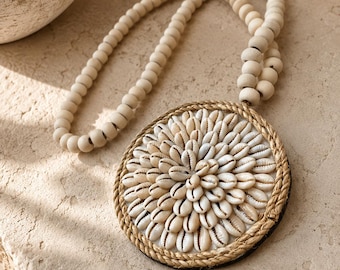 Round decorative medallion made of seashells, wooden beads and cord, seashell tieback, door tieback, curtain tieback