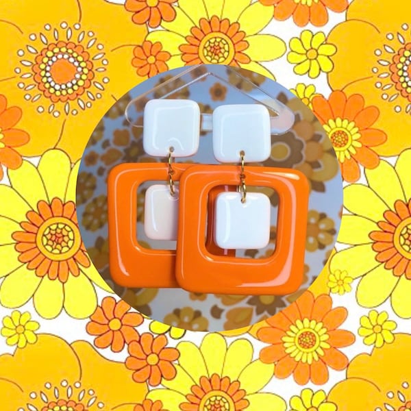 FAITH.70s retro style orange square earrings.Retro wallpaper style earrings.retro jewelry.earrings