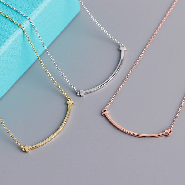 T Smile Necklace, Smile Bar Necklace, Curve Bar Necklace, Dainty Gold Plated Necklace, Simple Silver necklace, Bar Pendant Necklace