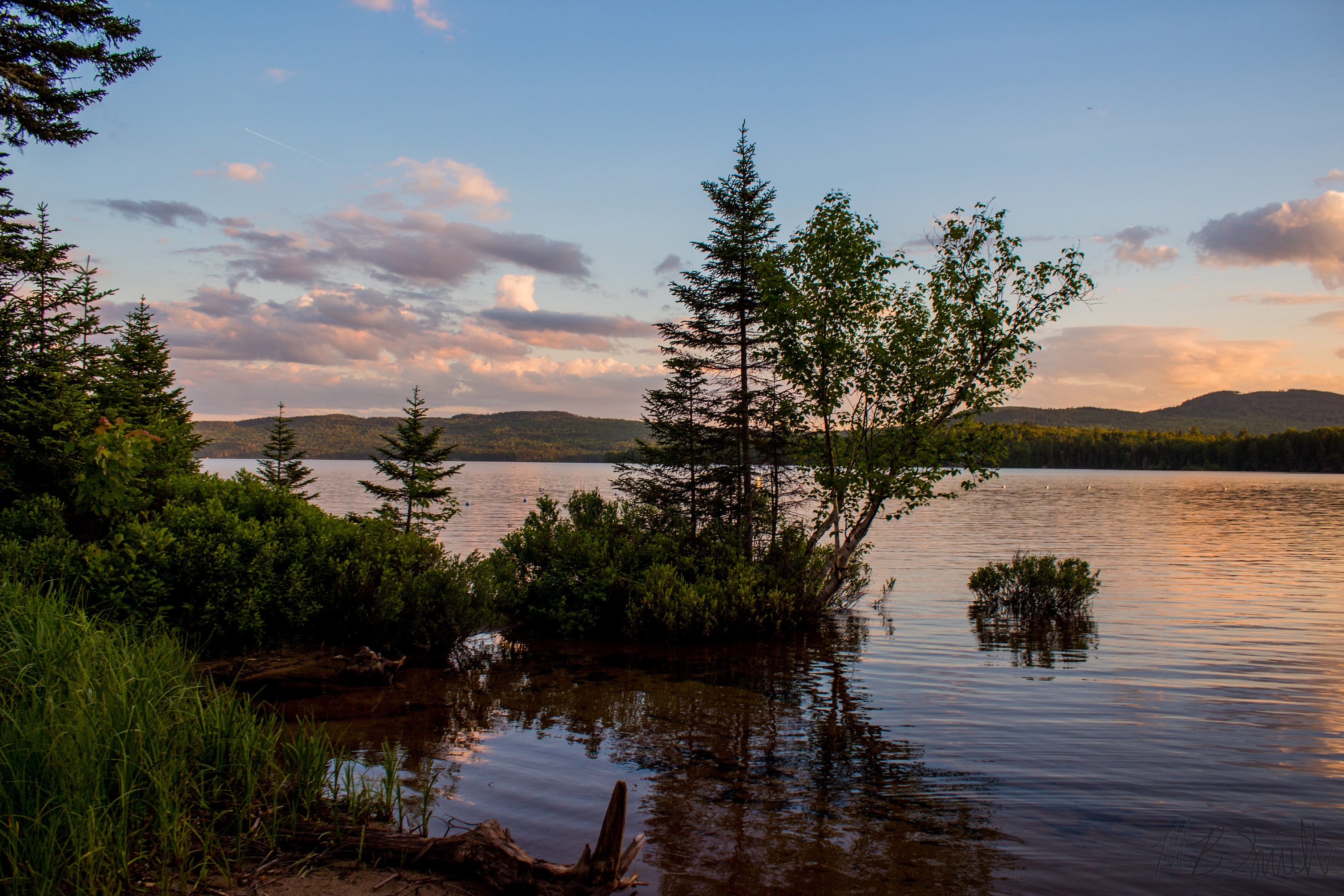 Maine Lake Landscape Photography, Pale Orange Sunset Landscape