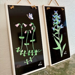 Può includere: Due quadri rettangolari con sfondi neri e bordi bianchi. Uno presenta fiori rosa e una farfalla, l'altro fiori blu. Entrambi hanno una firma manoscritta e sono appesi con spago.