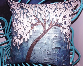 White Blossom Turquoise Linen Throw Pillow