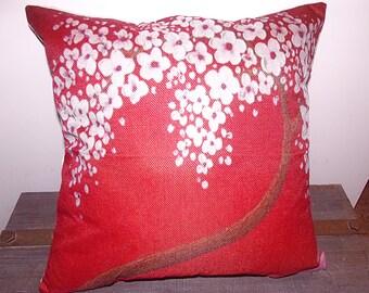 White Blossom Red Linen Throw Pillow