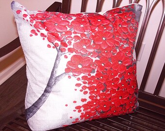 Red Cherry Blossom Linen Throw Pillow