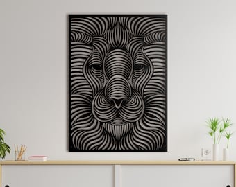 Wooden Abstract Wall Art Lion with Lines Decorative Panel Picture Wall Decor | Wood Home Decor Figure Ornament Hanging