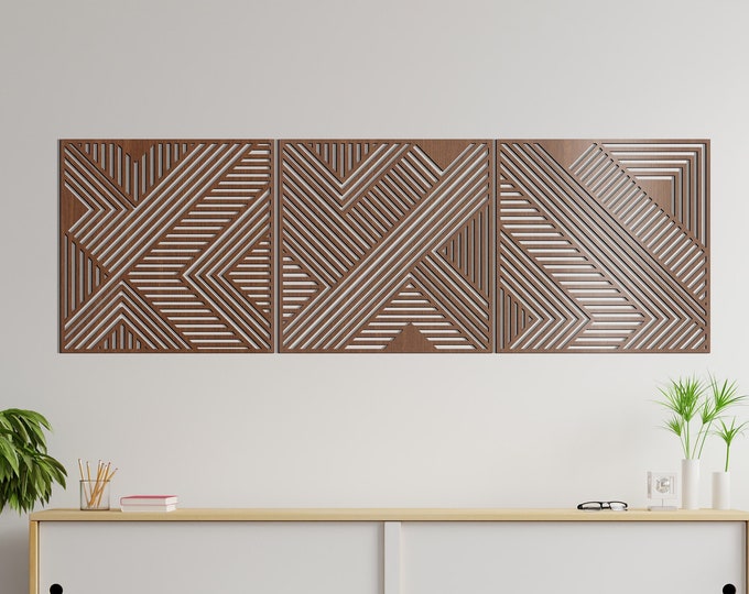 Featured listing image: Geometric Lines Panel Set of 3 Wood Wall Art Decor Wooden Nursery Sign Picture Living Room