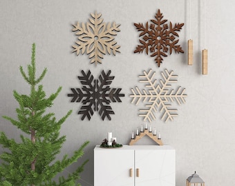 Wooden Christmas Geometric Set of 4 Snowflakes Wall Decor | Wood Wall Art Home Decor Figure Ornament Hanging Gift