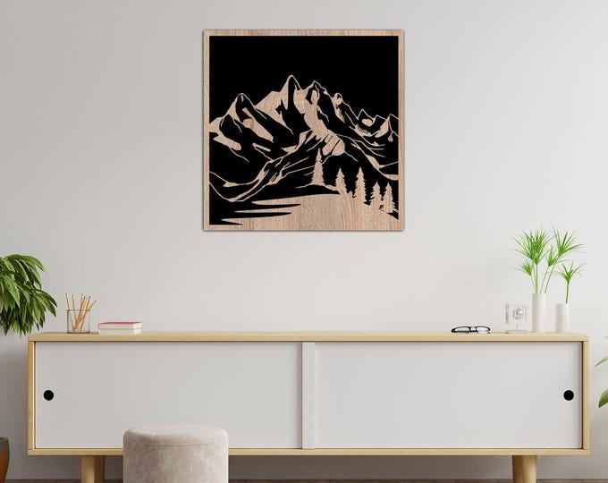 Featured listing image: Mountain and Lake Landscape Wooden Wall Decor Wood Wall Art Nursery Sign Picture Living Room