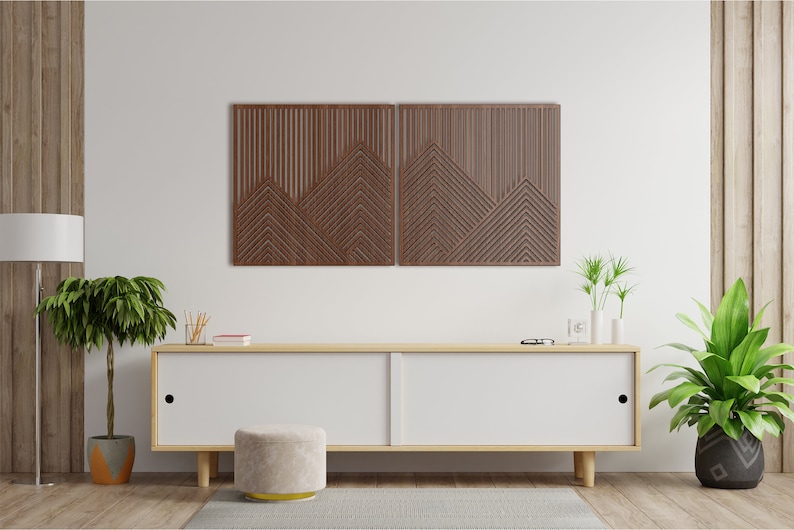 Berg met lijnen paneel set van 2-3 houten muur kunst decor houten kinderkamer bord afbeelding woonkamer Walnut