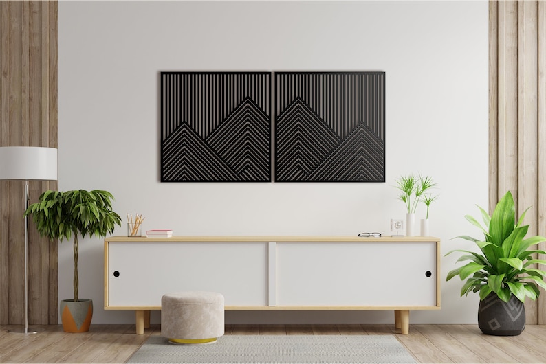 Berg met lijnen paneel set van 2-3 houten muur kunst decor houten kinderkamer bord afbeelding woonkamer Black