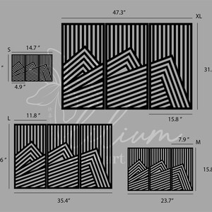May include: Black and white geometric wall decor in three sizes: small (14.7 inches by 9.8 inches), medium (23.7 inches by 15.8 inches), and large (47.3 inches by 31.5 inches).