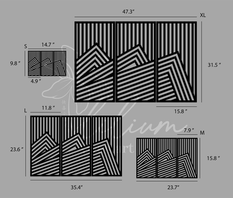 May include: Black and white geometric wall decor in three sizes: small (14.7 inches by 9.8 inches), medium (23.7 inches by 15.8 inches), and large (47.3 inches by 31.5 inches).