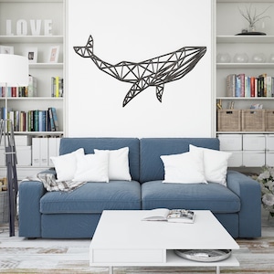Wooden Geometric Blue Whale Wall Decor | Wood Wall Art Home Decor Figure Ornament Hanging Gift