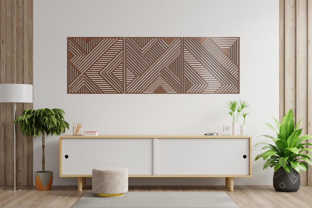 Geometric Lines Panel Set of 3 Wood Wall Art Decor Wooden Nursery Sign ...