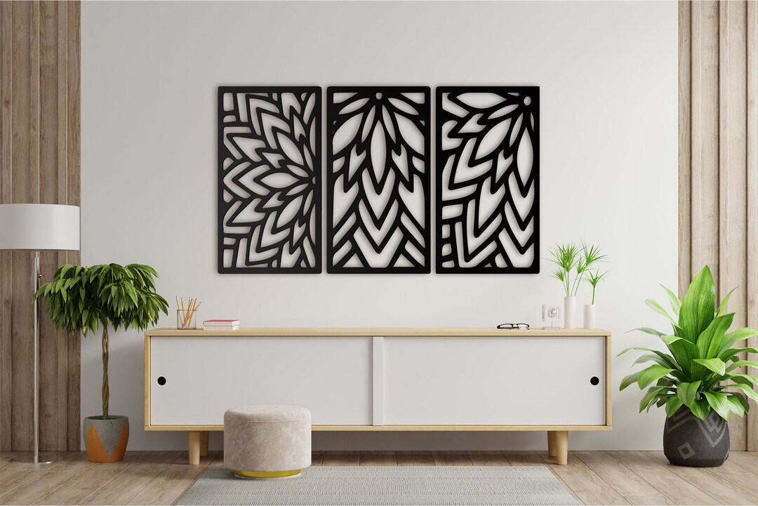 Wooden Geometric Set of 3 Leaves Panel Wall Decor | Wood Wall Art Home ...