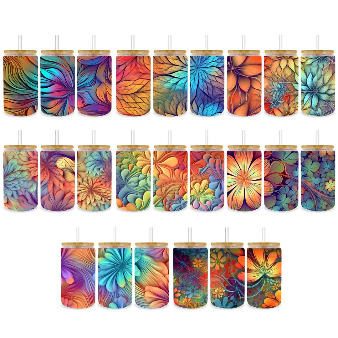 Groovy Floral Libbey Glass Wrap Png Bundle, Summer Tie Dye Flower 16oz ...