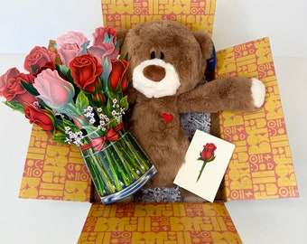 Hug in a Box | Plush Bear, Red Roses Card & Poem