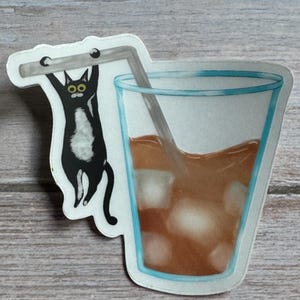 Tuxedo Cat Iced Coffee Clear Sticker - Waterproof , Scratch Resistant , Fade resistant