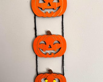Hanging Jack-o-Lantern Pumpkins with gold lines , 3 tier pumpkin art,  Hanging Halloween