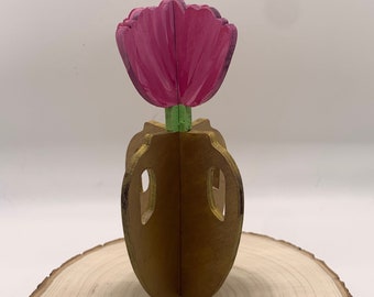 Wooden Flower with Vase , Pink Carnation , hand painted , reusable