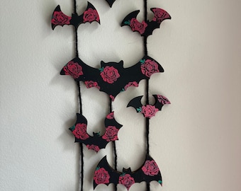 Hanging Bats with Roses / Black bats with red roses / Hanging Halloween