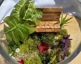Garden Bench Faux Foliage Dome Terrarium