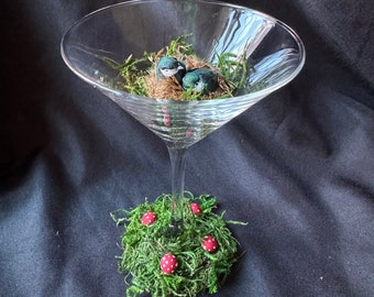 Mossy Martini Glass Art - Nesting Birds