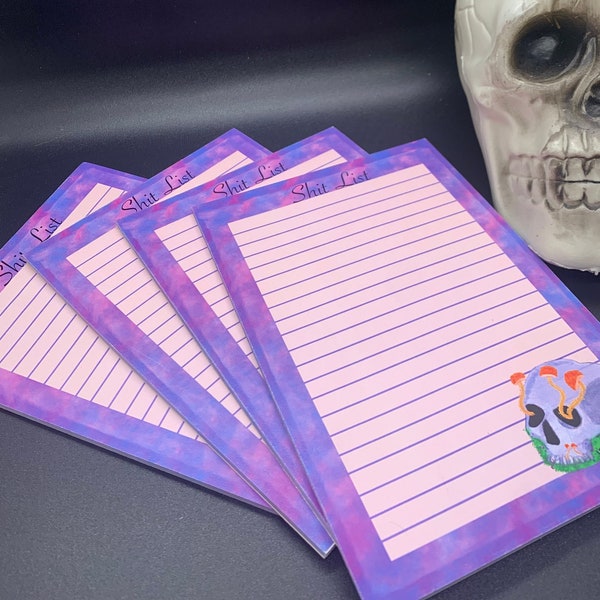 Thrive - Shit List  - Skull Notepad - Scratch pad -Tear away Notepad - 5 x 7 notepad  Mushroom Skull