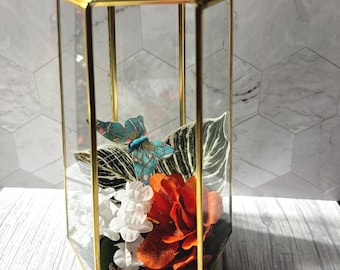 Gold Framed Glass Butterfly Flower Terrarium, Preserved moss faux floral terrarium