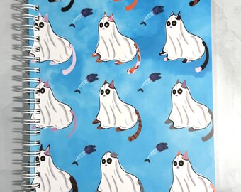 Ghost Cat Heaven Reusable Sticker Book, 50 blank pages, 8in x 6in Spiral Bound with protective cover