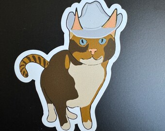 May include: A brown, white, and orange cat wearing a light blue cowboy hat with a white brim. The cat is looking directly at the viewer.