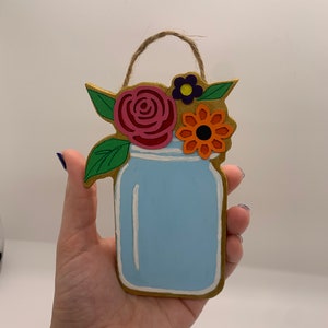 Miniature Mason Jar with flowers decor , hand painted , small sign , boho art