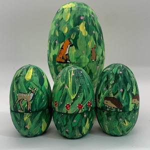 Hollow Woodland Eggs , Fillable / refillable eggs , Reusable eggs ,  Wood , Hand Painted , Nursery Decor