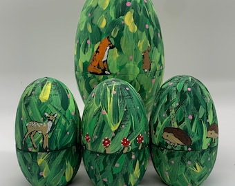 Hollow Woodland Eggs , Fillable / refillable eggs , Reusable eggs ,  Wood , Hand Painted , Nursery Decor