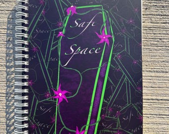 Safe Space Coffin Reusable Sticker Book, 50 blank pages, 8in x 6in Spiral Bound with protective cover